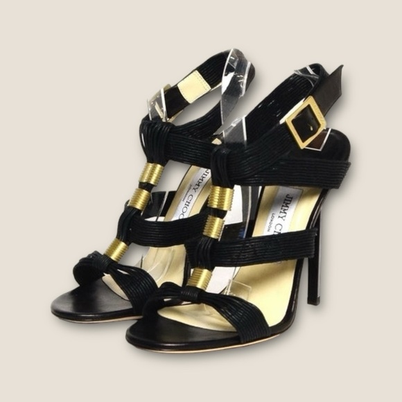 Jimmy Choo Black Waxed Leather ‘Serena’ Brass Hardware Gladiator Heels Size 8.5 - Picture 3 of 16
